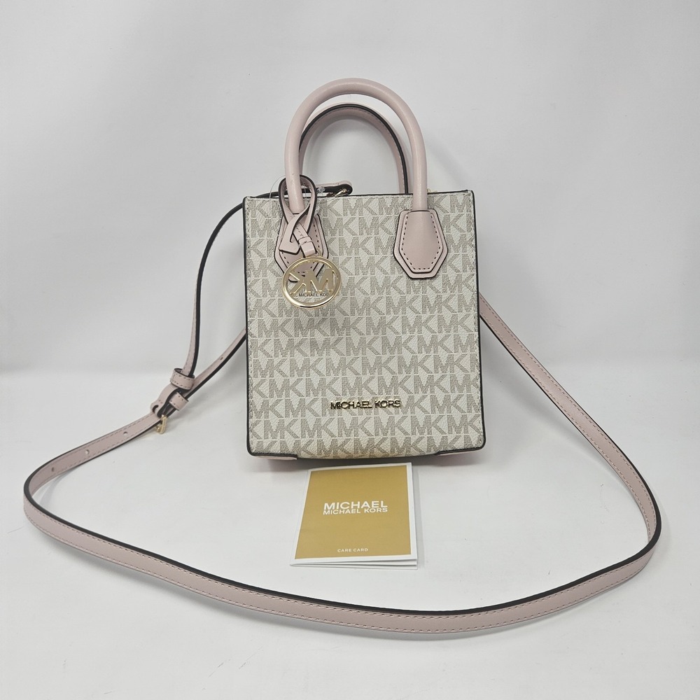 Michael Kors Mercer XS Logo Crossbody Satchel Vanilla Pink Leather Purse